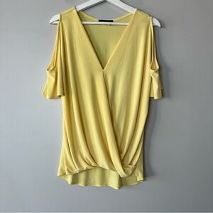 Jennie & Marlis Yellow V-Neck Drape Cold Shoulder Top Medium